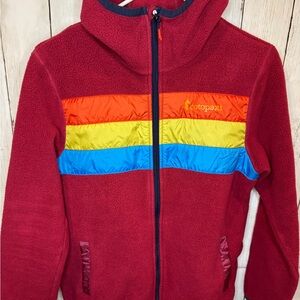 Cotopaxi Red Ski Jacket with Multicolor Stripes